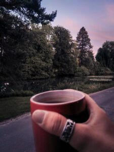 Cup of tea at sunset